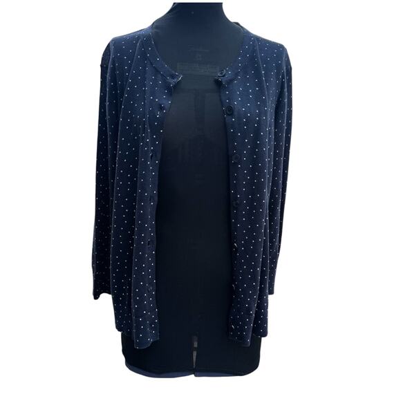 LOFT Women XL Cardigan Sweater Navy Blue White Polka Dot 3/4 Sleeve Preppy‎ Work - Picture 10 of 11
